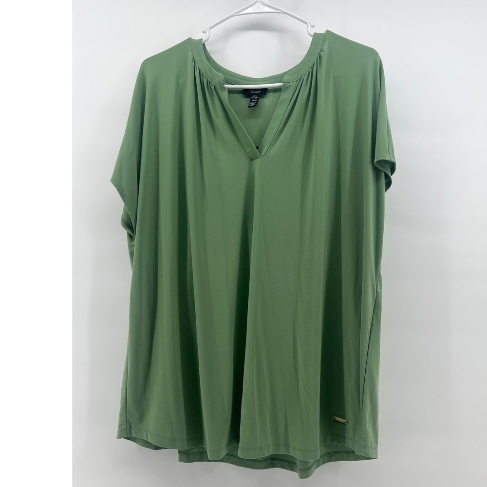 Jones New York Womens 2X Green Split Neck Gathered Short Sleeve Blouse